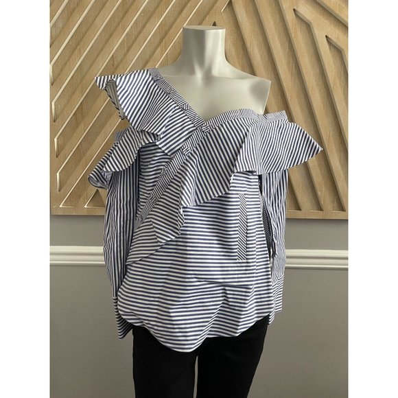 SELF-PORTRAIT Striped Off Shoulder Asymmetric Frill Shirt - Size 2 - Picture 6 of 12